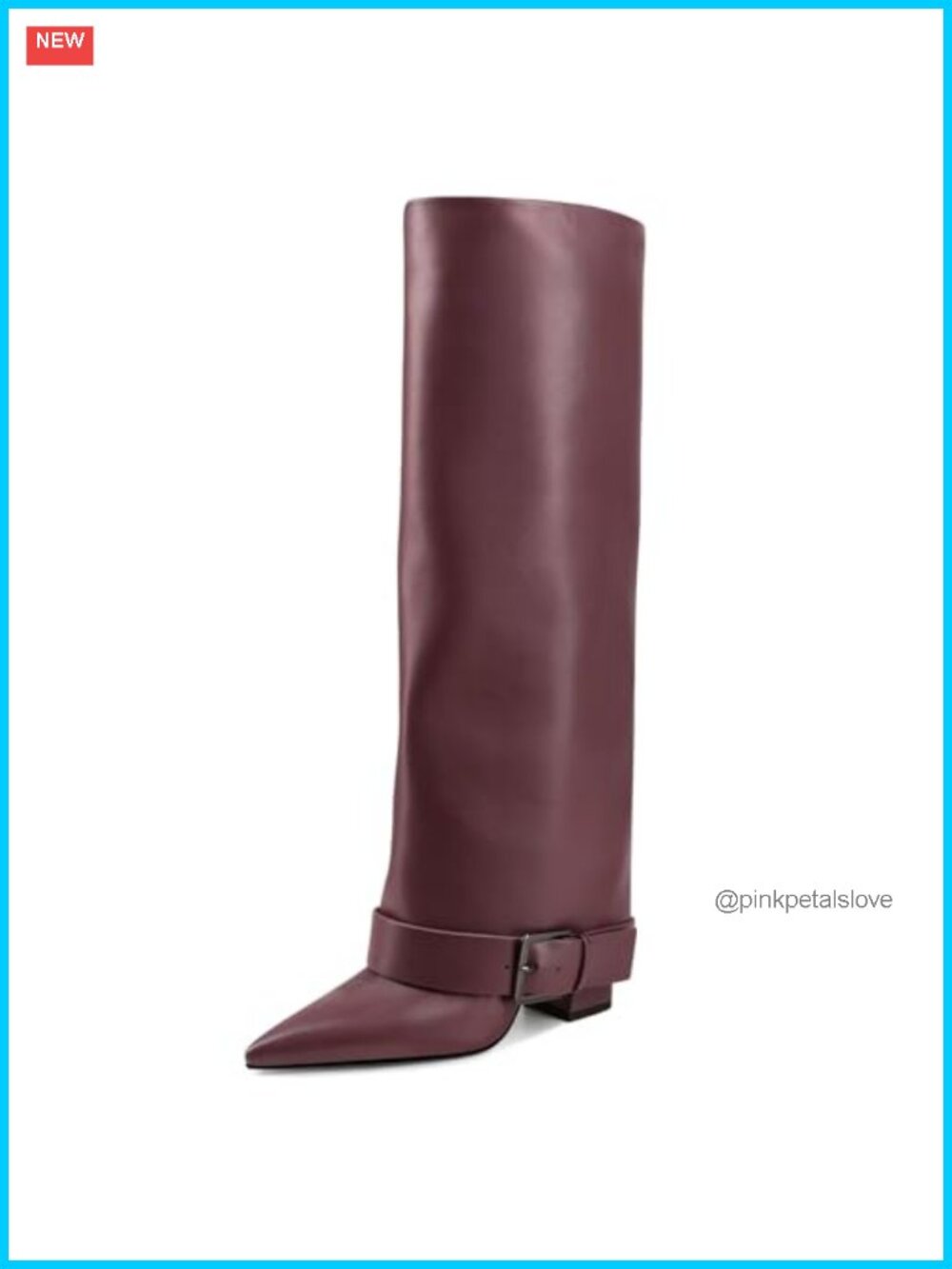 Knee High Boots Fold Over Chunky Heel Wide Calf Pointed Toe Belt Buckle